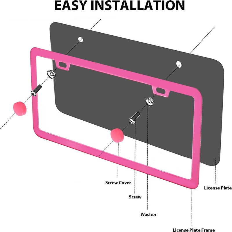 ZukMi 2 Pack License Plate Frame for Car Matte Metal Aluminum Rust-Proof License Plate Holder Cover Gloss Black Front Rear Number Tag Frame for Men Women Universal Fit (Pink) - Image 4